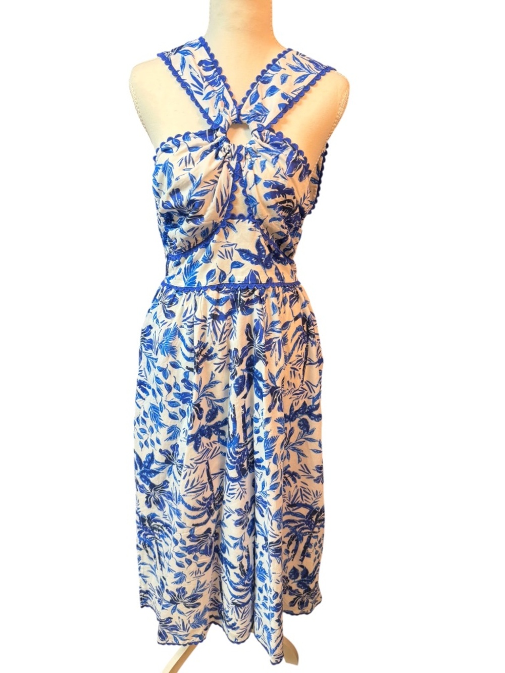 J Marie  Cross Ric Rac Midi Dress Blue Floral Cutout Cottagecore Medium